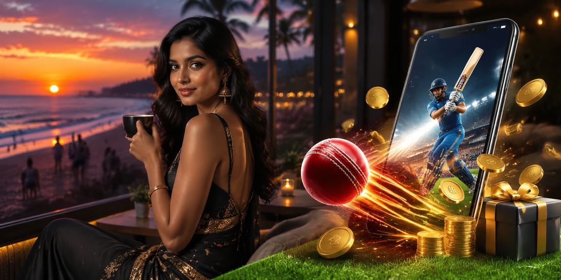 Goa beach with people enjoying cricket betting on mobile