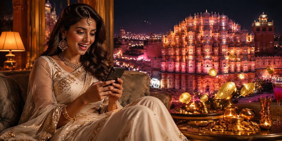 Jaipur Hawa Mahal at dusk with online casino on mobile device